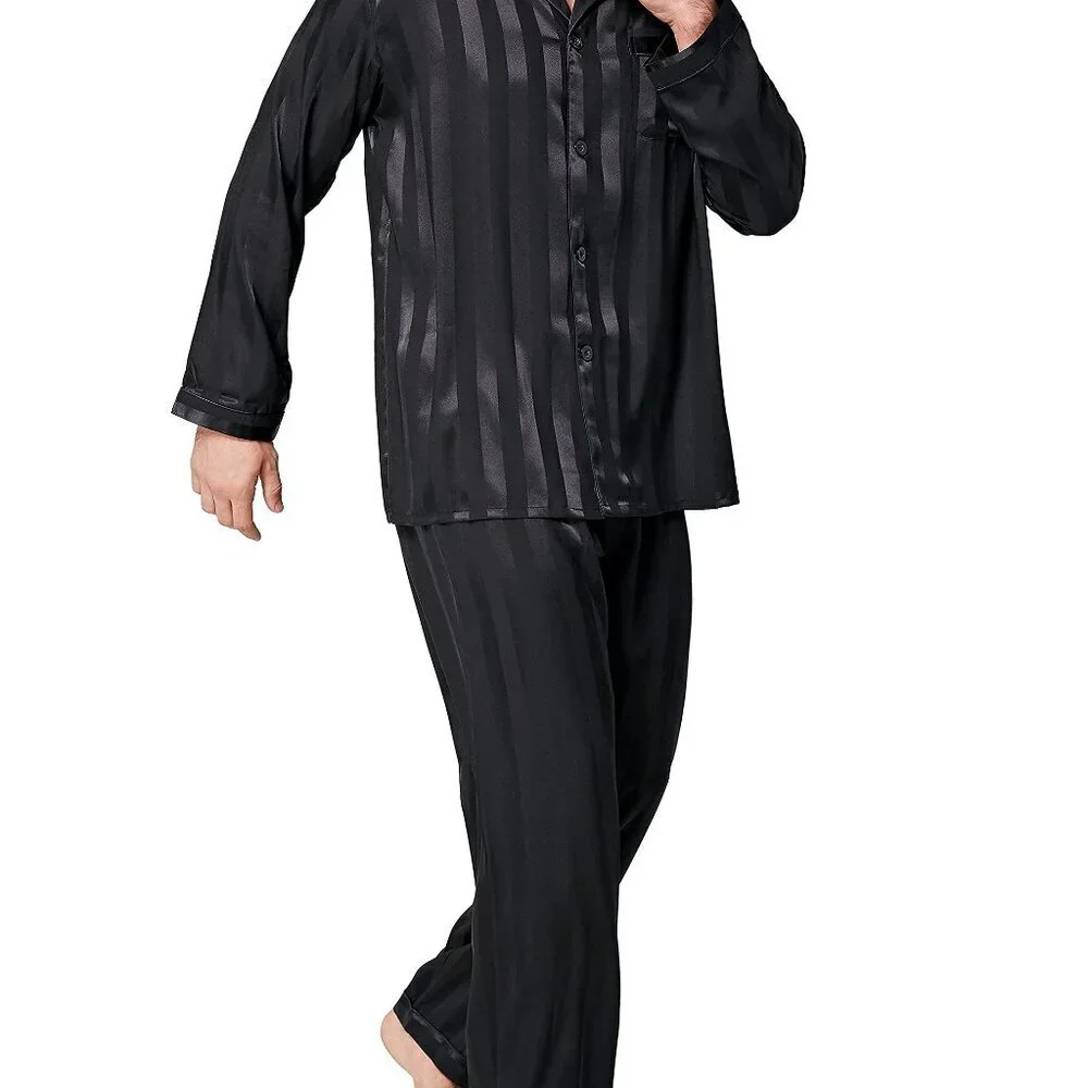 Silk Satin Pajama Set Long Sleeve Loungewear Sleepwear Classic Elegant